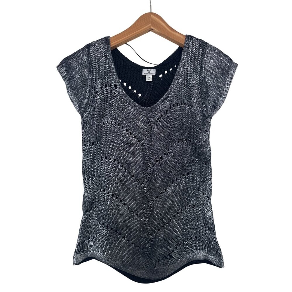 Worthington Womens Sweater M Black Metallic Short-Slv Crochet Grunge Goth Party